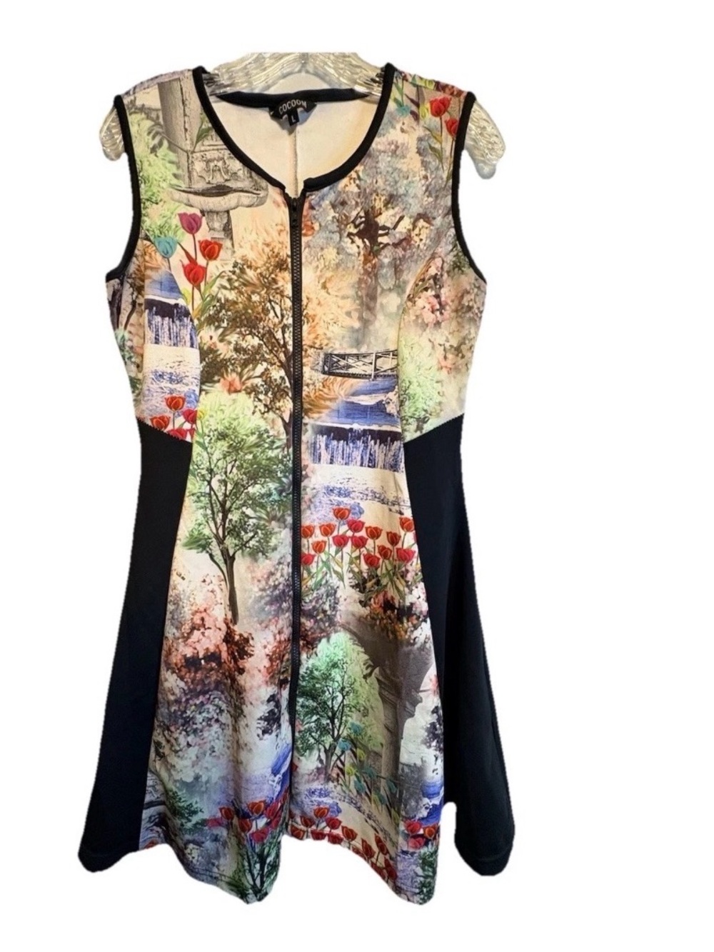 Scenic Floral Zip-Front Mini Dress with Black Panels - Multicolor